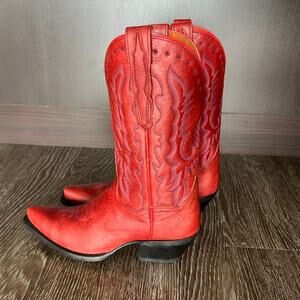 Dan Post Red Leather Cowboy Boots Vintage Size 6.5 M Western Stitch Pointed Toe